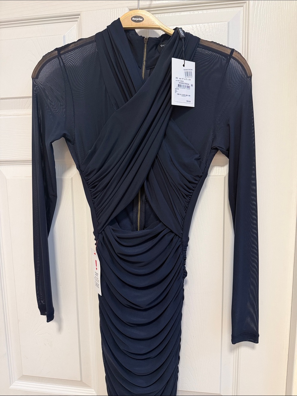 Bardot Navy Long-Sleeve Ruched Cross-Front Midi Dress